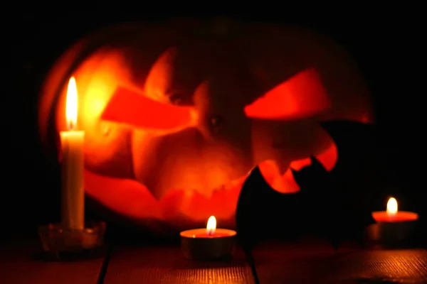 万圣节南瓜 蝙蝠和发光的南瓜 万圣节的收获 黑暗的气氛度假 蝙蝠和蜡烛的光 木制木板上的南瓜 — 图库照片