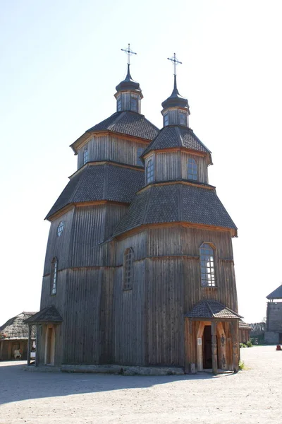Wooden Church Wooden Temple Cossacks Buildings Zaporozhskaya Sich Island Khortitsa — Stock Photo, Image