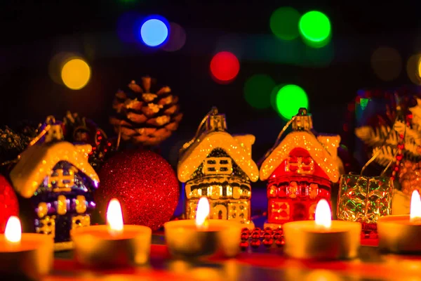 Feliz Cristmas Casas Brinquedo Luz Velas Decorações Natal Fundo Borrado — Fotografia de Stock