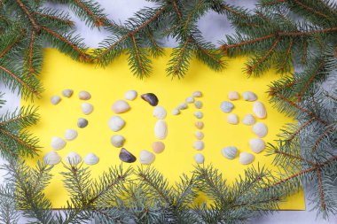 Yeni yıl 2019. Yazıt 2019 deniz kabuklarını yaptı. Yeni yıl için yaratıcı tebrik kartı çam dalları ile. Sarı dünya domuz yılı için şablon. Noel ağacı dalları ile sarı arka plan