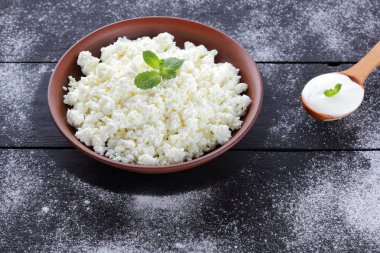 Ahşap kurullarında kil kase süzme peynir. Tahta kaşık ekşi krema. Koyu arka plan üzerinde süt ürünleri. Taze nane ve kahvaltı için yumuşak peynir. Kopya alanı