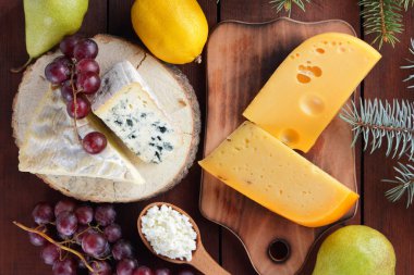 Peynir ve meyve ahşap panoları ve Noel ağacı dallar üzerinde çeşitli türleri. İsviçre peyniri, dorblu, camembert ve Noel için süzme peynir. Süt ve süt ürünleri, limon, üzüm ve armut. Üstten görünüm