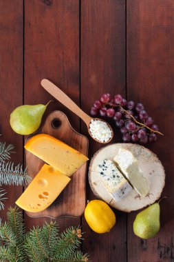 Peynir ve meyve ahşap panoları ve Noel ağacı dallar üzerinde çeşitli türleri. İsviçre peyniri, dorblu, camembert ve Noel için süzme peynir. Süt ve süt ürünleri, limon, üzüm ve armut. Üstten görünüm