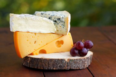 Camembert, brie, sert peynir ve mavi peynir ahşap tahta üzerinde. Dilim çeşitli peynirler ve üzüm üzerinde arka plan bulanık. Dorblu ve ahşap kurullarında yumuşak peynir. Peynir ve bokeh üzüm