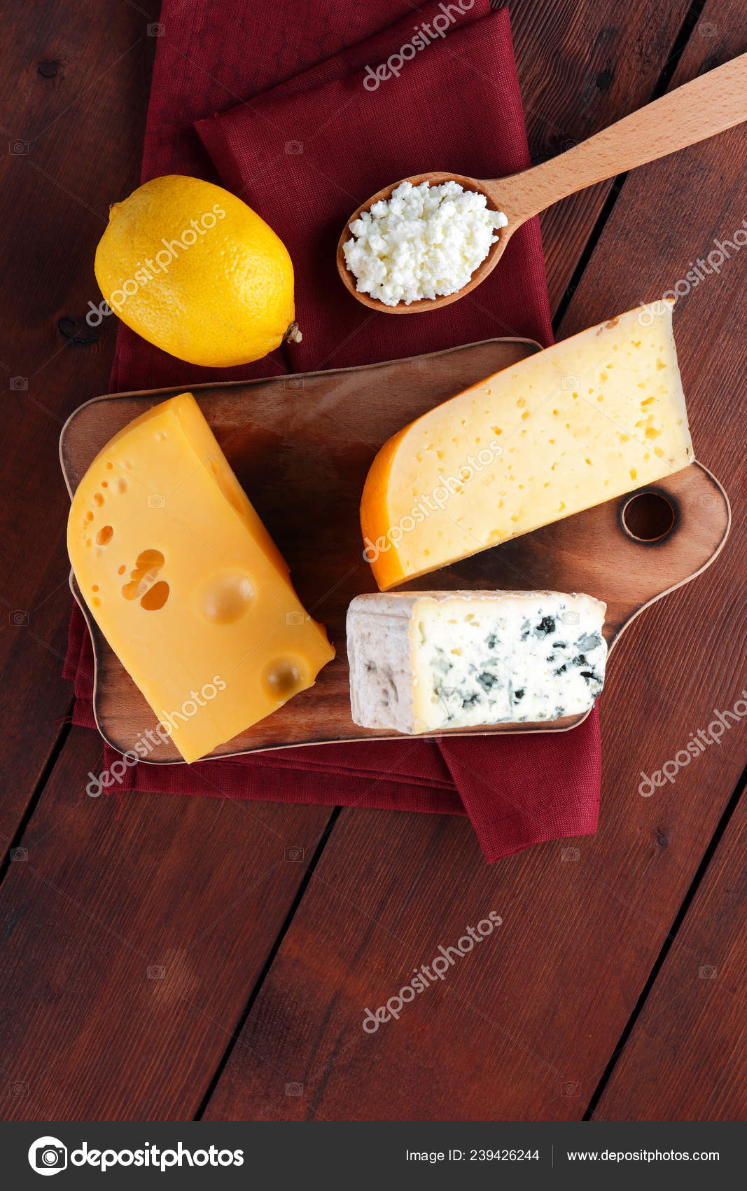 Hard Cheese Blue Cheese Cottage Cheese Wooden Board Different