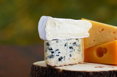 Peynir ve armut ahşap kurullarında çeşitli türleri. Dilim peynir üzerinde arka plan bulanık. Dorblu, camembert ve sert sarı peynir