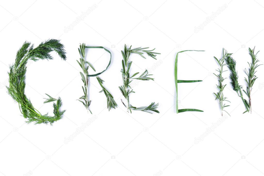 Word Green with green herbs. Dill, rosemary and green onions on a white background. The word Green is isolated. Letters from natural products. Lettering