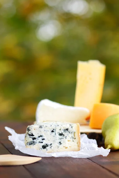 木板上有各种类型的奶酪和梨 在模糊的背景上的奶酪片 羊皮纸上的多布布 卡门伯特和硬黄色奶酪 — 图库照片