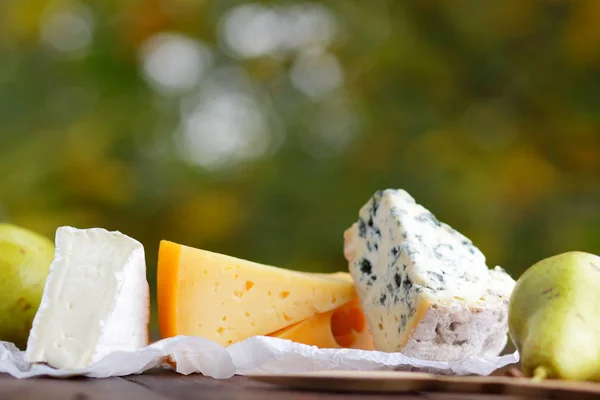 木板上的奶酪和梨 各种奶酪在自然模糊的背景 羊皮纸上的多布布 卡门伯特和硬黄色奶酪 — 图库照片
