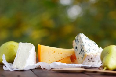 Peynir ve armut ahşap kurullarında. Çeşitli peynir üzerinde doğal arka plan bulanık. Dorblu, camembert ve parşömen kağıt üzerine sert sarı peynir
