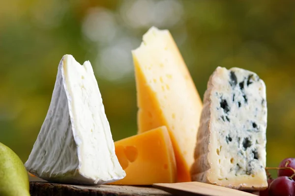 木板上的奶酪 梨和葡萄 不同类型的奶酪和水果在模糊的背景 多布卢 卡门伯特和硬黄色奶酪 — 图库照片