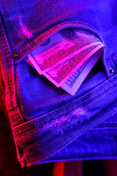 100 Dollar Scheine Jeans Dollar Neonlicht Taschengeld Kreative Beleuchtung Dollarscheine — Stockfoto
