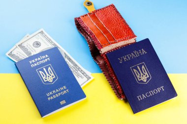 Ukraynalı biyometrik pasaport Ukrayna bayrağı arka üzerinde. Ukrayna'nın seyahat yurtdışında ve iç pasaport için pasaport. Dolar, m-cüzdan ve belgeler