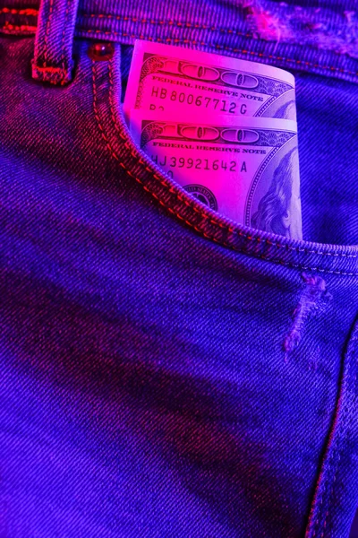 Dollar Bills Jeans Dollars Neon Light Pocket Money Creative Lighting — Stock Photo, Image