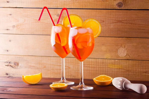 Cocktail Aperol Spritz Wooden Boards Two Glasses Summer Alcoholic Cocktail — Stock Photo, Image
