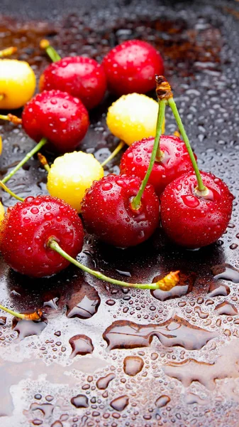 Red Yellow Cherries Water Drops Fresh Cherries Dark Background Multicolored — Stock Photo, Image