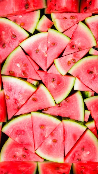 Wassermelonenmuster Wassermelone Scheiben Geschnitten Mit Samen Sommerfrucht Hintergrund Flach Lag — Stockfoto