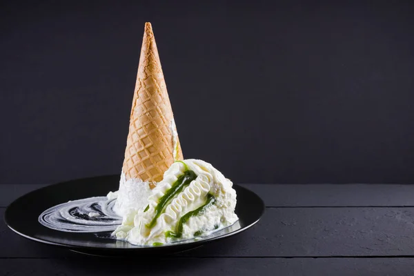 Ice Cream Cone Black Background Summer Concept Dessert Jam Black — Stock Photo, Image