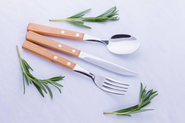 Çatal bıçak takımı. Bıçak, çatal, beyaz arka plan üzerine kaşık. Biberiye dalları ile tablo ayarı. Minimalizm tarzında çatal bıçak ve biberiye. Kopyalama alanı