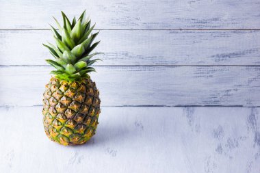 Gri bir arka plan üzerinde ananas. Tahtaların arka planında taze ananas. Vegan için tropikal meyve. Kopyalama alanı