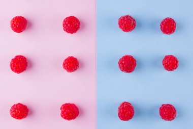 Pembe mavi arka plan üzerinde ahududu Desen. Renkli diyet ve sağlıklı gıda kavramı. Ahududu arka plan. Üst te. Düz yatıyordu. Kopyalama alanı