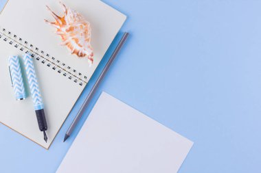 Okul konseptine geri dönelim. Okul kırtasiye ve mavi arka plan üzerinde deniz kabuğu. Pastel arka plan üzerine kalemler, kalem ve gon. Üst te. Kopyalama alanı