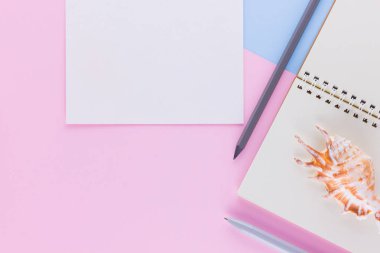 Okul konseptine geri dönelim. Okul kırtasiye ve pembe mavi arka plan üzerinde deniz kabuğu. Pastel arka plan üzerine kalemler, kalem ve gon. Üst te. Kopyalama alanı