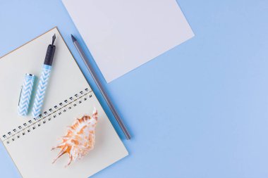 Okul konseptine geri dönelim. Okul kırtasiye ve mavi arka plan üzerinde deniz kabuğu. Pastel arka plan üzerine kalemler, kalem ve gon. Üst te. Kopyalama alanı