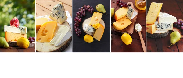 치즈의 콜라주 치즈의 유형과 콜라주 보드에 제품의 — 스톡 사진