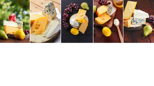 Food collage of cheese. Collage with different types of cheese. Background of dairy products on wooden boards. Copy space