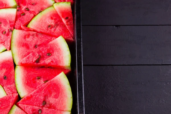 Slices Watermelon Black Boards Sliced Watermelon Vintage Baking Sheet Red — Stock Photo, Image