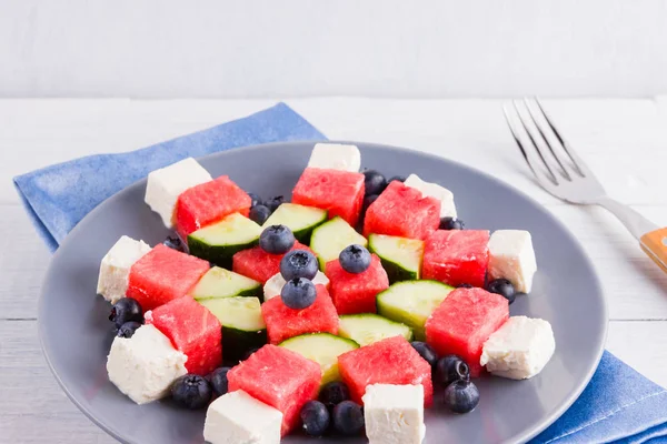 Salada Melancia Com Queijo Feta Guardanapo Azul Salada Saudável Com — Fotografia de Stock