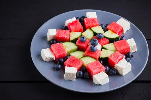 Watermelon Salad Feta Cheese Healthy Salad Blueberries Cucumbers Watermelon Cheese — Stock Photo, Image