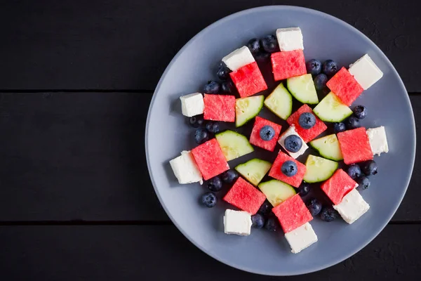 Watermelon Salad Feta Cheese Healthy Salad Blueberries Cucumbers Watermelon Cheese — Stock Photo, Image