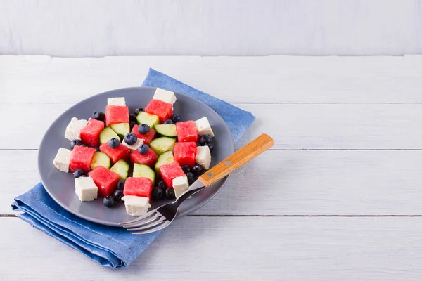 Watermelon Salad Feta Cheese Blue Napkin Healthy Salad Blueberries Cucumbers — Stock Photo, Image