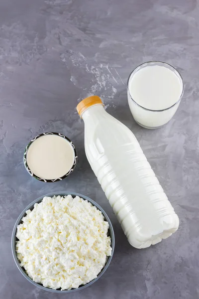 Vários Produtos Lácteos Produtos Lácteos Saudáveis Fundo Cinza Leite Creme — Fotografia de Stock