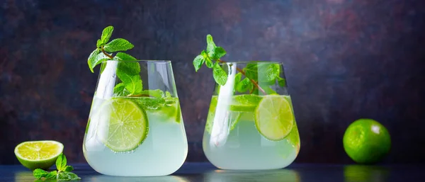 Mojito Cocktail Lime Mint Glass Two Glasses Mojito Dark Background — Stock Photo, Image