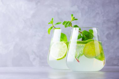Limonlu mojito kokteyli ve naneli cam. Gri arka planda camlı mojito. Naneli kokteyli limonla tazeliyorum. Kaynamış su. Boşluğu kopyala