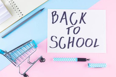 Okul konseptine geri dönelim. Pembe mavi arka planda alışveriş arabası ve kırtasiye malzemeleri. Kalem, not defteri, kalem ve alışveriş arabası. Ders çalışma zamanı. Üst görünüm