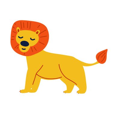Turuncu yeleli şirin bir aslan, çocuk tasarımı için modern düz vektör çizimi, çocuk odası için modaya uygun bir hayvan karakteri klip, posterler, çıkartmalar..
