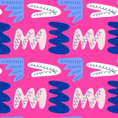 Kumaş, duvar kağıdı ve ambalaj kağıdı için parlak pembe arkaplan üzerinde beyaz ve mavi geometrik şekiller ile kusursuz soyut desen.