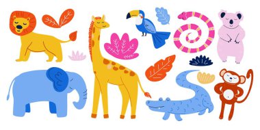 Aslan, zürafa, fil, timsah, maymun, koala, tukan ve yılan resimli renkli orman hayvanları çocuk baskıları ve dekorları için eğlenceli bir tarz..
