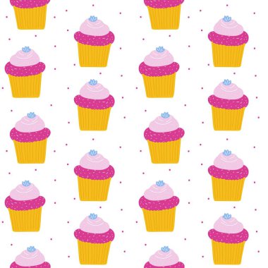 Keklerle kusursuz desen, tatlı pastane tatlı tatlı arkaplan vektör çizimi.