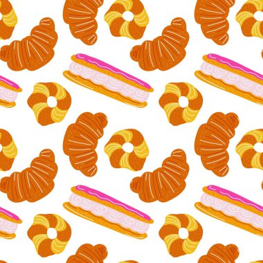Kruvasanlarla, eklerlerle ve tatlı hamur işleriyle kusursuz bir desen. Fırın tasarımı, tekstil, ambalaj kağıdı, ambalaj ve kafe dekorasyonu için mükemmel...