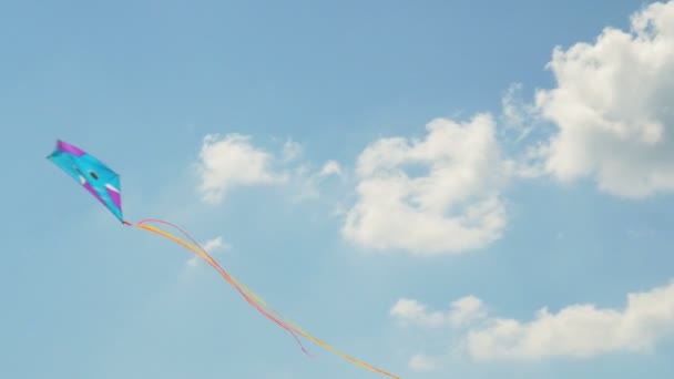Kleurrijke vliegeren in blauwe hemel met enkele wolken. — Stockvideo