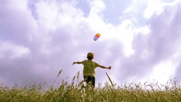 Ett barn som flyger i blå himmel med lite moln. — Stockvideo