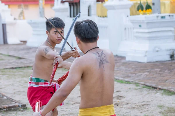 Espada Antigua Guerrera Tailandesa Lucha Contra Acción Con Espada Arma — Foto de Stock