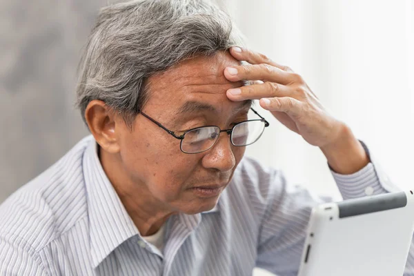 Senior Asian Old Man Glasses Headache Using Looking Tablet Screen — Stock Photo, Image