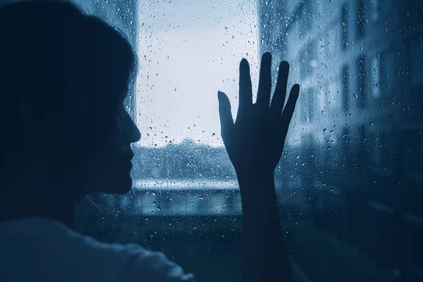 Sad Lonely Depression Mood Woman Silhouette Touch Glass Windows Rainy — Stock Photo, Image