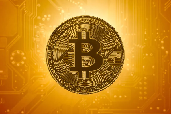 Altın Rengi Bitcoin Sikke Bilgisayar Elektronik Devre Kartı Altın Arka — Stok fotoğraf